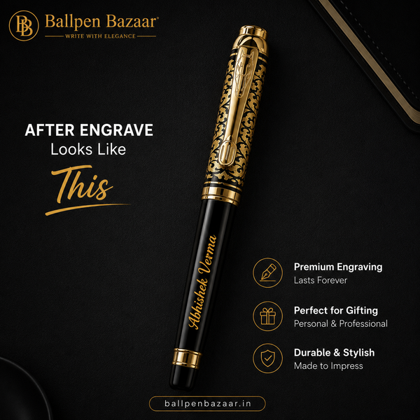 Ballpen Bazaar Metallic Glossy Black Ball Pen with Gold Designer Cap & Horse Symbol Clip | Openable Metal Pen | Blue Ink | 1 Pen with 1 Extra Refill