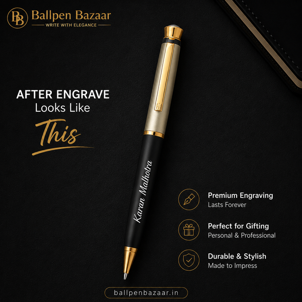 Ballpen Bazaar Matt Cream & Black Dual Colour Ball Pen with Gold Clip and Diamond Top | Twist Mechanism | Blue Ink | Premium Metal Pen | 1 Pen with 1 Extra Blue Refill