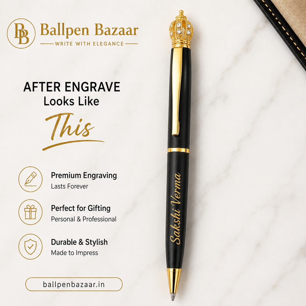 Matte Black Ball Pen with Gold Clip & Diamond Crown Top | Twist Mechanism | Blue Ink | Premium Metal Executive Pen | 1 Pen with 1 Extra Blue Refill