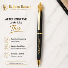 Matte Black Ball Pen with Gold Clip & Diamond Crown Top | Twist Mechanism | Blue Ink | Premium Metal Executive Pen | 1 Pen with 1 Extra Blue Refill