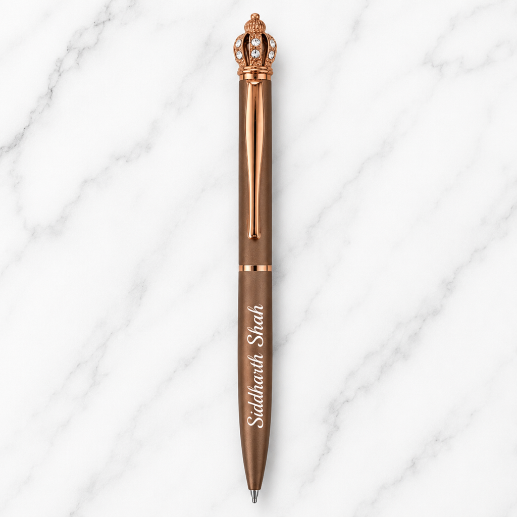 Ballpen Bazaar Matt Brown Ball Pen with Brown Clip & Diamond Crown Top | Twist Mechanism | Blue Ink | Premium Metal Pen | 1 Pen with 1 Free Blue Refill