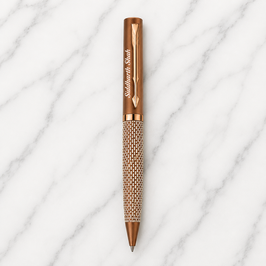 Ballpen Bazaar Matt Pearl White Ball Pen with Brown Grid Design & Glossy Brown Clip | Twist Mechanism | Blue Ink | Premium Metal Pen with 1 Free Refill | Pack of 1