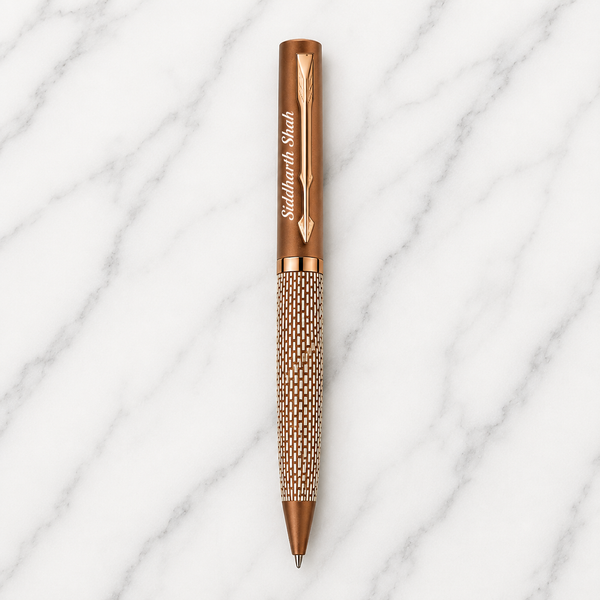 Ballpen Bazaar Matt Pearl White Ball Pen with Brown Grid Design & Glossy Brown Clip | Twist Mechanism | Blue Ink | Premium Metal Pen with 1 Free Refill | Pack of 1