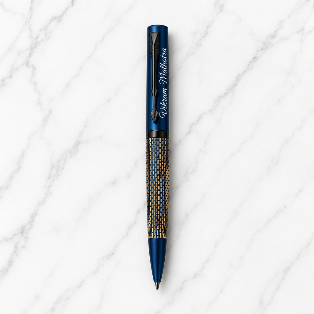 Ballpen Bazaar Matt Pearl Blue Ball Pen with Blue Grid Design & Glossy Blue Clip | Twist Mechanism | Blue Ink | 1 Pen with 1 Free Extra Refill