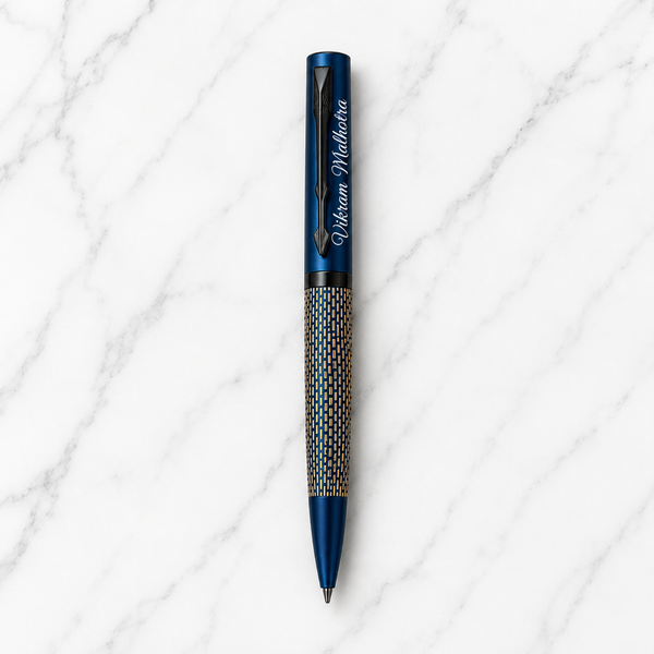 Ballpen Bazaar Matt Pearl Blue Ball Pen with Blue Grid Design & Glossy Blue Clip | Twist Mechanism | Blue Ink | 1 Pen with 1 Free Extra Refill