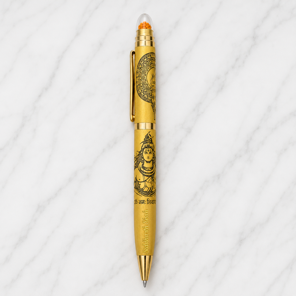 Ballpen Bazaar Metallic Glossy Gold Ball Pen with Shiv Ji Engraving & Rudraksh Top | Premium Twist Mechanism | Blue Ink | 1 Pen with 1 Extra Refill