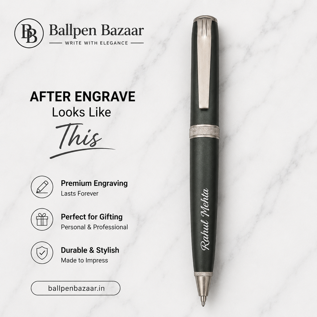 Ballpen Bazaar Matt Black Ball Pen with Gunmetal Clip | Twist Mechanism | Blue Ink | Premium Metal Executive Pen | 1 Pen with 1 Extra Blue Refill | Pack of 1