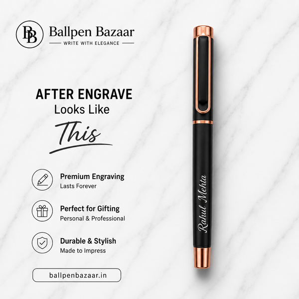 Ballpen Bazaar Matt Black Ball Pen with Black Cap & Copper Clip | Openable Metal Ball Pen | Blue Ink | 1 Pen with 1 Extra Blue Refill | Premium Executive Writing Pen