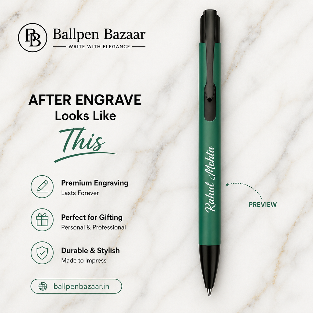 Ballpen Bazaar Matt Green Ball Pen with Black Clip | Click Mechanism | Blue Ink | Premium Metal Writing Pen | 1 Pen with 1 Extra Blue Refill Free