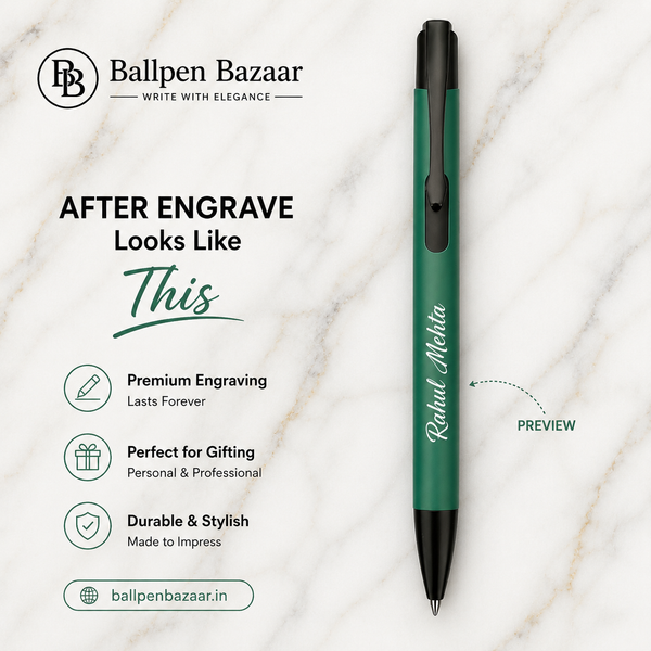 Ballpen Bazaar Matt Green Ball Pen with Black Clip | Click Mechanism | Blue Ink | Premium Metal Writing Pen | 1 Pen with 1 Extra Blue Refill Free