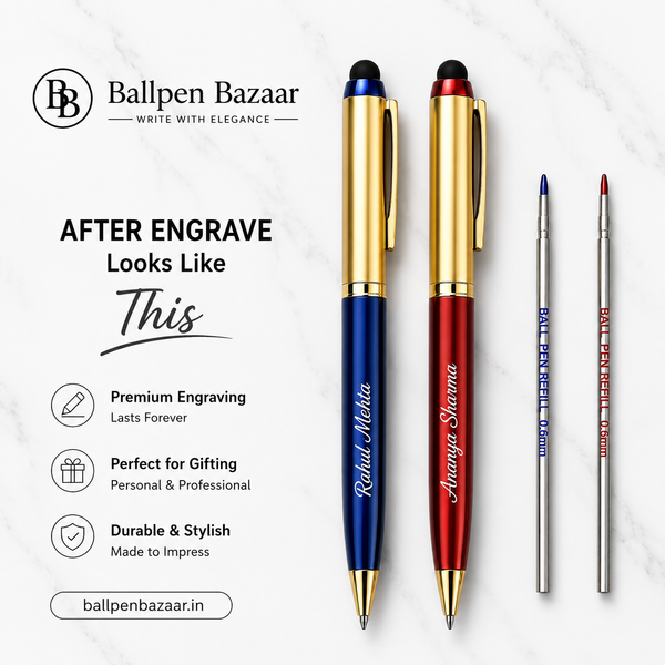 Ballpen Bazaar Stylus Set of 2 Mini Metal Ball Pens – Metallic Glossy Gold & Red and Gold & Blue Dual Colour Body with Gold Clip, Twist Mechanism, Blue Ink, 2 Free Mini VT Refills