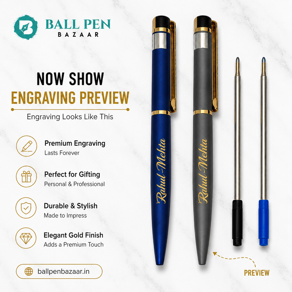 Ballpen Bazaar Set of 2 Metallic Glossy Gray & Blue Ball Pens with Gold Clip | Twist Mechanism | Blue Ink | Includes 1 Blue & 1 Black Cross Refill