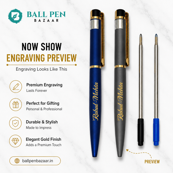 Ballpen Bazaar Set of 2 Metallic Glossy Gray & Blue Ball Pens with Gold Clip | Twist Mechanism | Blue Ink | Includes 1 Blue & 1 Black Cross Refill