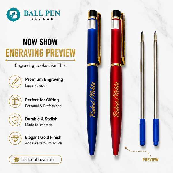 Ballpen Bazaar Set of 2 Metallic Glossy Red & Blue Twist Ball Pens with Gold Clip | Blue Ink | Includes 2 Free Cross Type Refills