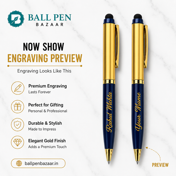 Ballpen Bazaar Set of 2 Stylus Metallic Glossy Gold & Blue Dual Colour Mini Ball Pens with Gold Clip | Twist Mechanism | Blue Ink | Includes 2 Free Mini VT Refills