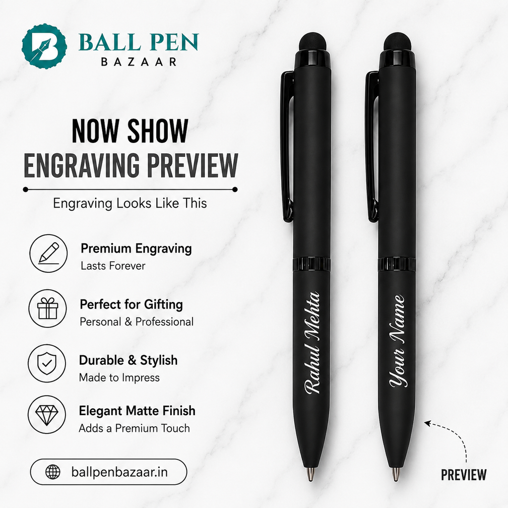 Ballpen Bazaar Set of 02 Stylus Matt Black Ball Pens with Glossy Black Clip | Twist Mechanism | Blue Ink | Includes 2 Free Mini VT Blue Refills | Premium Metal Pen Set for Office, Business, Students & Gifting