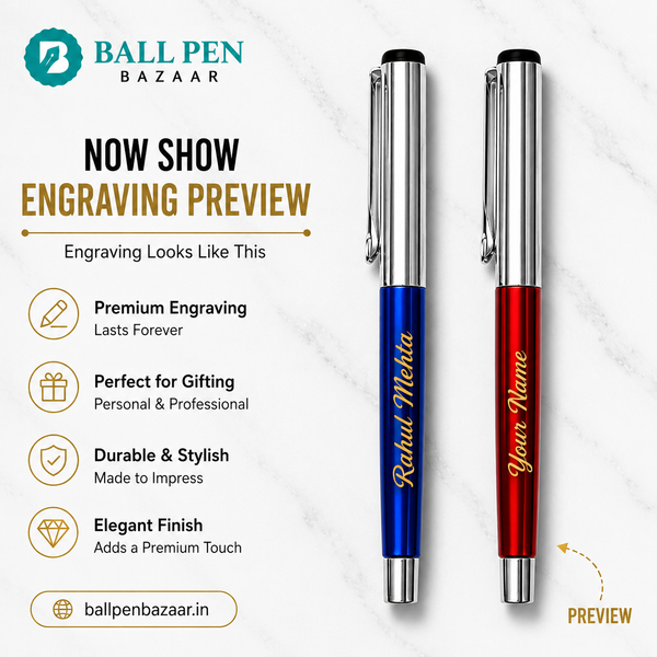 Ballpen Bazaar Set of 2 Metallic Glossy Ball Pens Blue & Red with Silver Cap | Openable Metal Ball Pen | Blue Ink | Includes 2 Free Plastic Jotter Refills | Executive Gift Pen Set