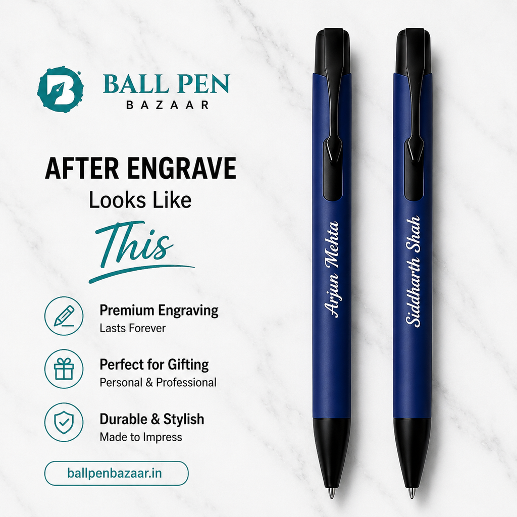 Ballpen Bazaar Set of 02 Matt Blue Body Ball Pen with Glossy Black Clip Click Mechanism | Blue Ink | Includes 2 Free Plastic Jotter Refills | Premium Metal Ball Pens for Office, School, Business, Gifting | Pack of 2
