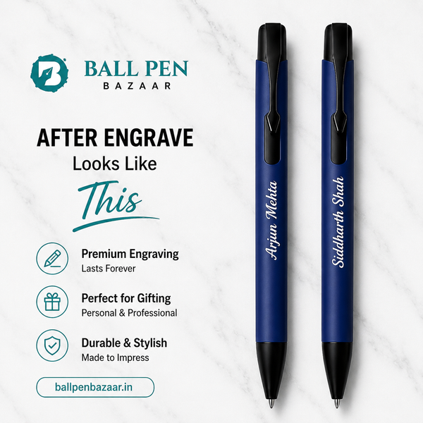 Ballpen Bazaar Set of 02 Matt Blue Body Ball Pen with Glossy Black Clip Click Mechanism | Blue Ink | Includes 2 Free Plastic Jotter Refills | Premium Metal Ball Pens for Office, School, Business, Gifting | Pack of 2