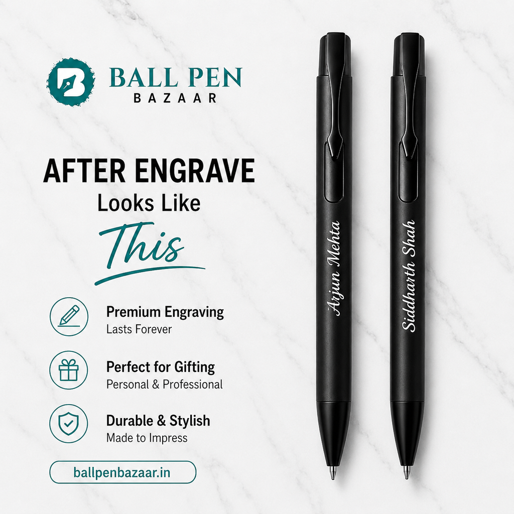 Ballpen Bazaar Set of 2 Matt Black Ball Pens with Glossy Black Clip | Click Mechanism | Blue Ink | Includes 2 Free Plastic Jotter Refills | Premium Metal Ball Pen for Office, School, Business, Executive Gift