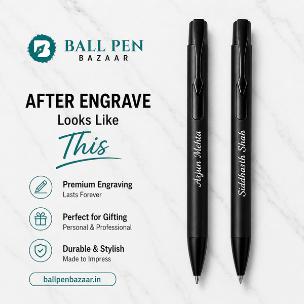 Ballpen Bazaar Set of 2 Matt Black Ball Pens with Glossy Black Clip | Click Mechanism | Blue Ink | Includes 2 Free Plastic Jotter Refills | Premium Metal Ball Pen for Office, School, Business, Executive Gift