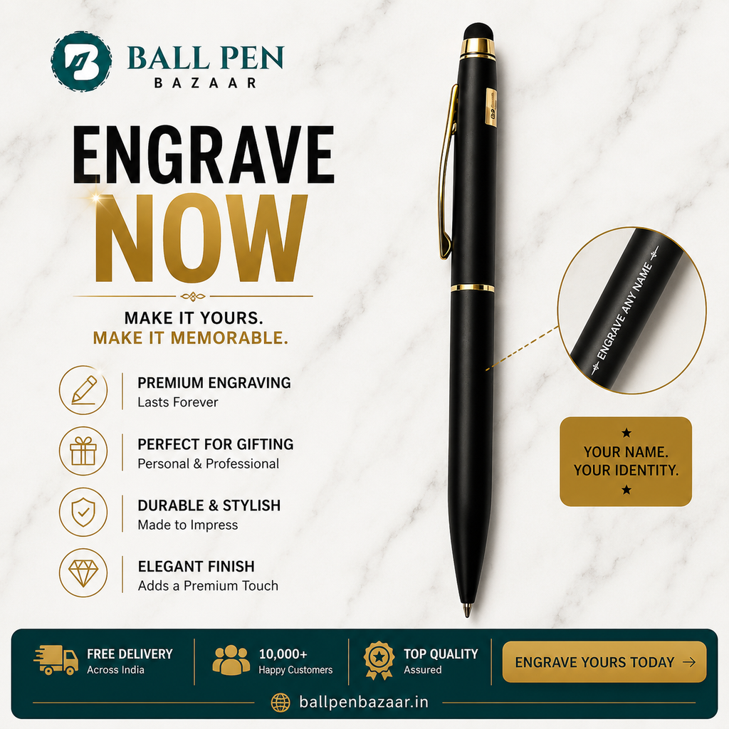 Ballpen Bazaar Stylus Matt Black Ball Pen with Gold Clip | Twist Mechanism | Smooth Blue Ink Writing Pen | Touchscreen Stylus Pen | 1 Pc