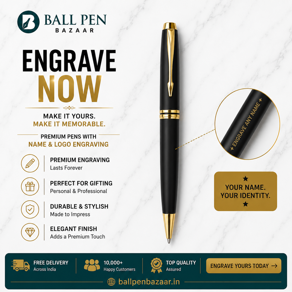 Ballpen Bazaar Matte Black Ball Pen with Gold Clip | Twist Mechanism | Blue Ink | Includes 1 Cross Type Refill