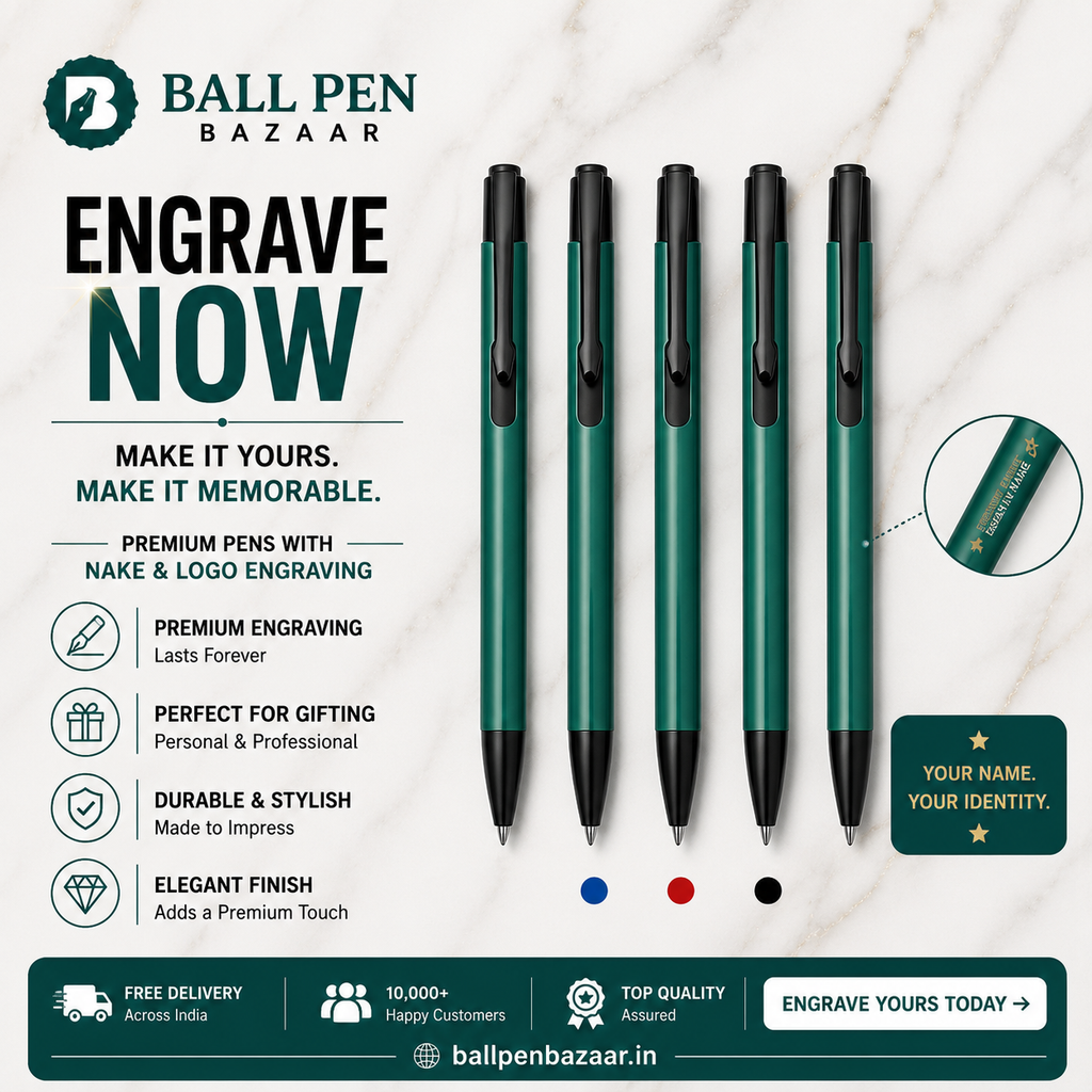 Ballpen Bazaar Matt Green Colour Body with Glossy Black Colour Clip Click Mechanism Ball Pen Set of 5 with 5 Extra Blue Ink Refills