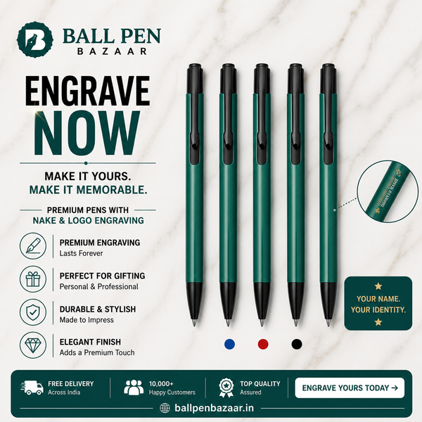 Ballpen Bazaar Matt Green Colour Body with Glossy Black Colour Clip Click Mechanism Ball Pen Set of 5 with 5 Extra Blue Ink Refills