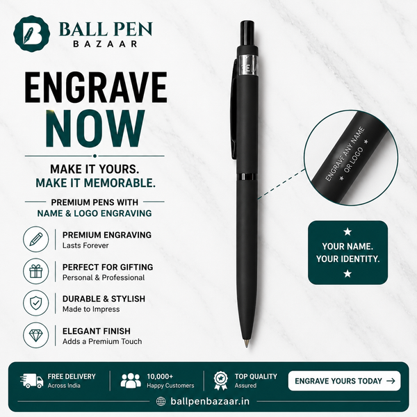 Ballpen Bazaar Matt Black Ball Pen with Black Clip | Click Mechanism | Black Ink | Premium Metal Pen | 1 Pen with 1 Extra Black Refill | Pack of 1
