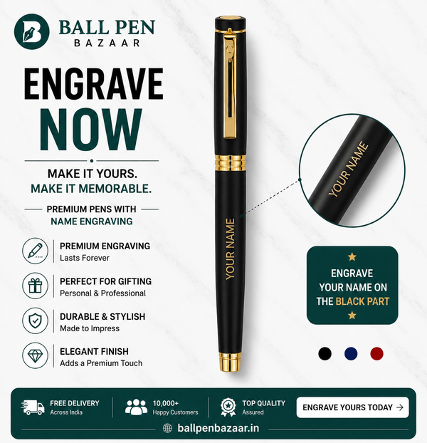 Ballpen Bazaar Matt Black Ball Pen with Black Cap and Gold Clip | Openable Metal Pen | Black Ink | 1 Pen with 1 Extra Refill | Premium Executive Writing Pen