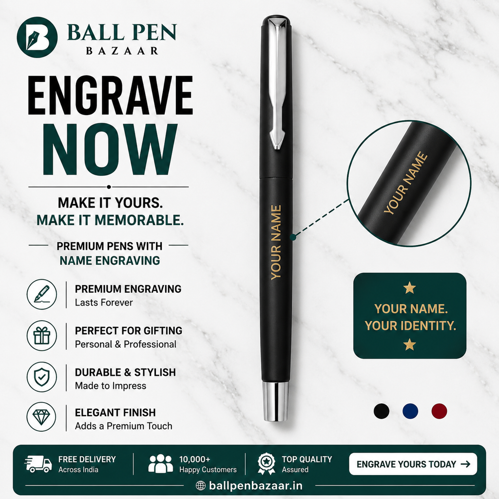 Ballpen Bazaar Matt Black Ball Pen with Black Cap and Silver Clip | Openable Metal Pen | Blue Ink | 1 Pen with 1 Extra Blue Refill | Premium Writing Pen