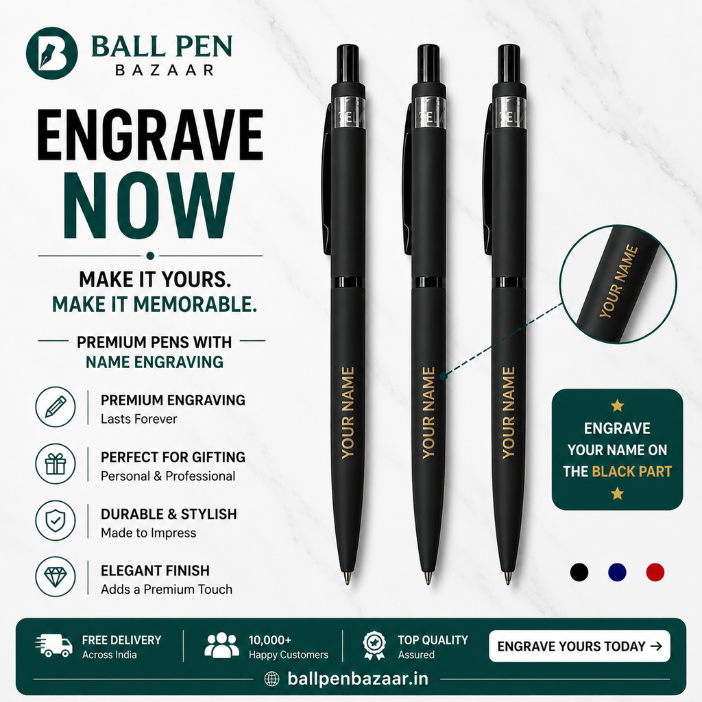 Ballpen Bazaar Matt Black Ball Pen Set of 3 with Black Clip | Click Mechanism | Blue Ink | 3 Pen + 3 Extra Refill | Premium Metal Pens for Office, Business, Students, Professionals & Gifting