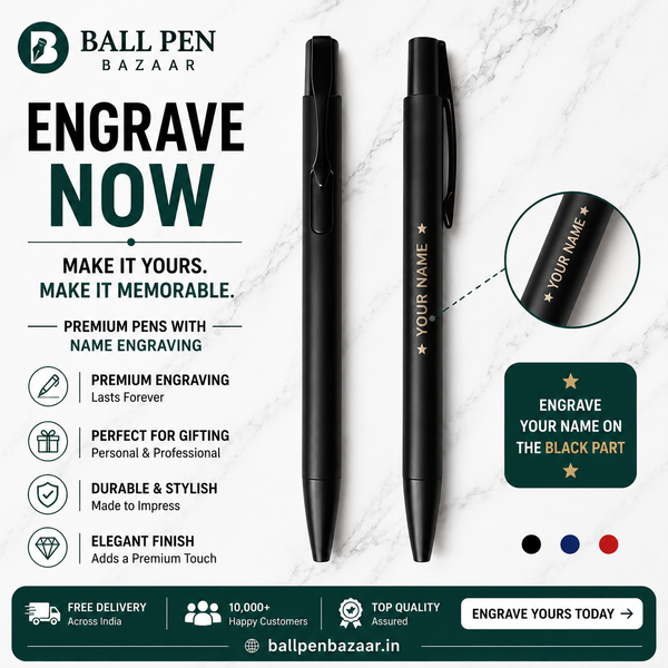 Ballpen Bazaar Matt Black Ball Pen Set of 2 with Glossy Black Clip Click Mechanism Blue Ink Includes 2 Extra Refills