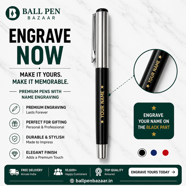 Ballpen Bazaar 2 Pcs Metallic Glossy Black Ball Pen Set with Silver Cap, Openable Mechanism, Blue Ink, 2 Extra Refills