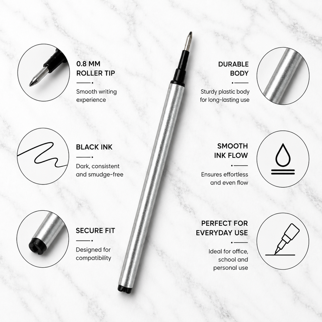 Ballpen Bazaar 0.8 MM Roller Pen Refills Black Ink Plastic Silver Body Pack of 6 Smooth Writing Replacement Refills