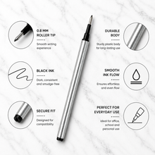 Ballpen Bazaar 0.8 MM Roller Pen Refills Black Ink Plastic Silver Body Pack of 6 Smooth Writing Replacement Refills