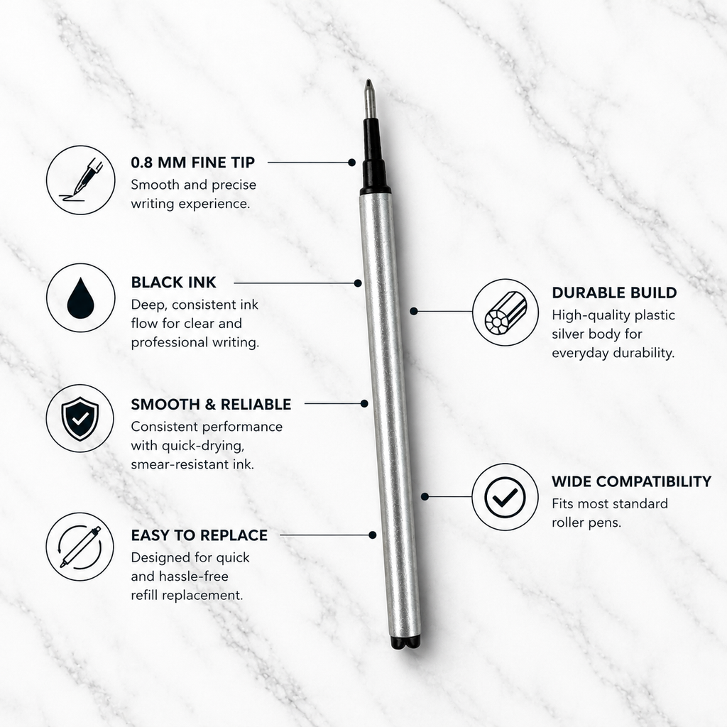 Ballpen Bazaar 0.8 MM Roller Pen Refills Black Ink Plastic Silver Body Pack of 6 Smooth Writing Replacement Refills