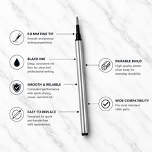 Ballpen Bazaar 0.8 MM Roller Pen Refills Black Ink Plastic Silver Body Pack of 6 Smooth Writing Replacement Refills