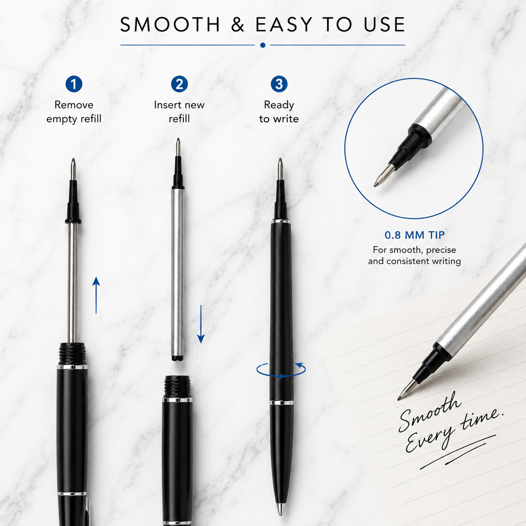 Ballpen Bazaar 0.8 MM Roller Pen Refills Black Ink Plastic Silver Body Pack of 6 Smooth Writing Replacement Refills