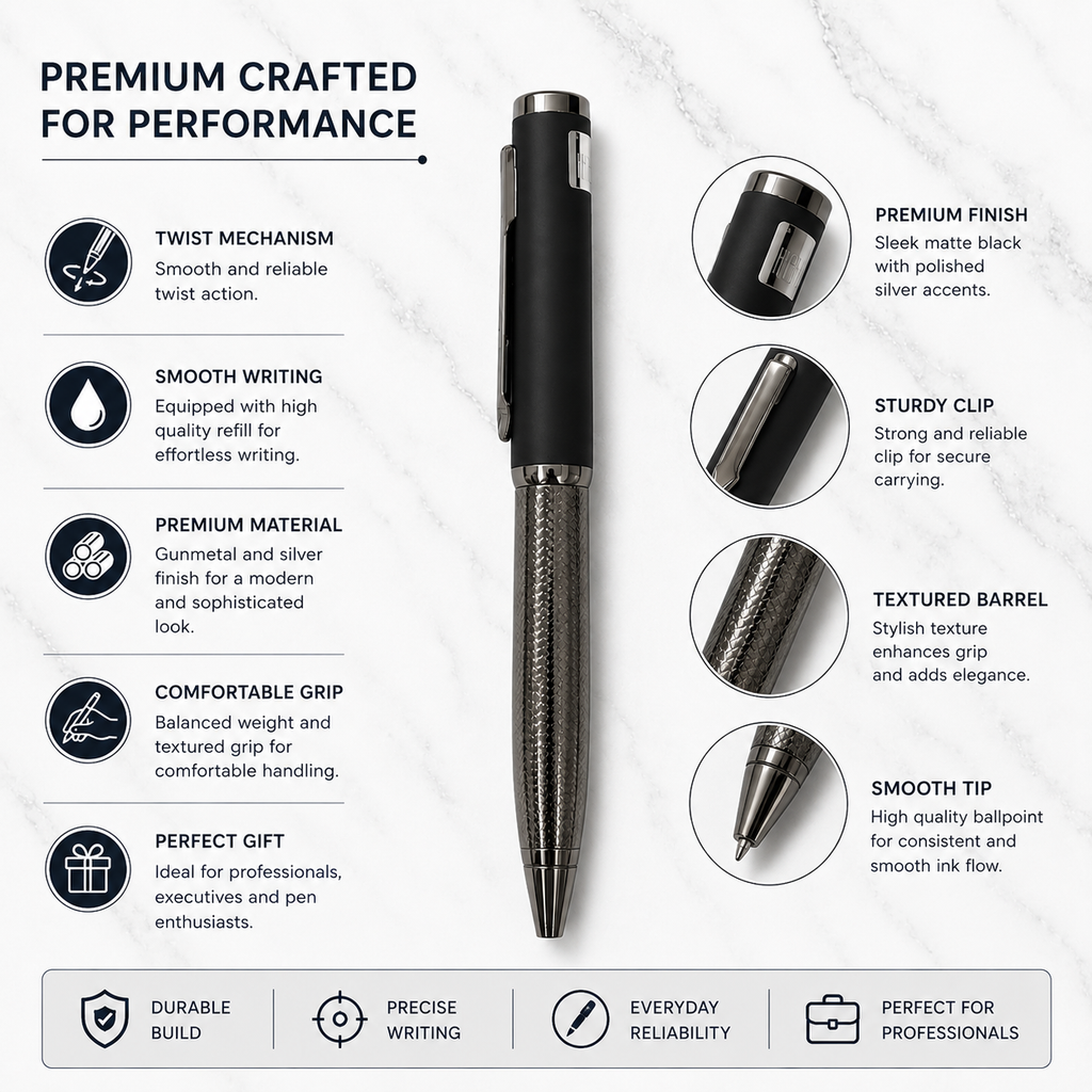 Ballpen Bazaar Metallic Glossy Designer Silver and Black Dual Colour Body Ball Pen with Silver Clip | Twist Mechanism | Black Ink | Free 1 Refill | 1 Pc