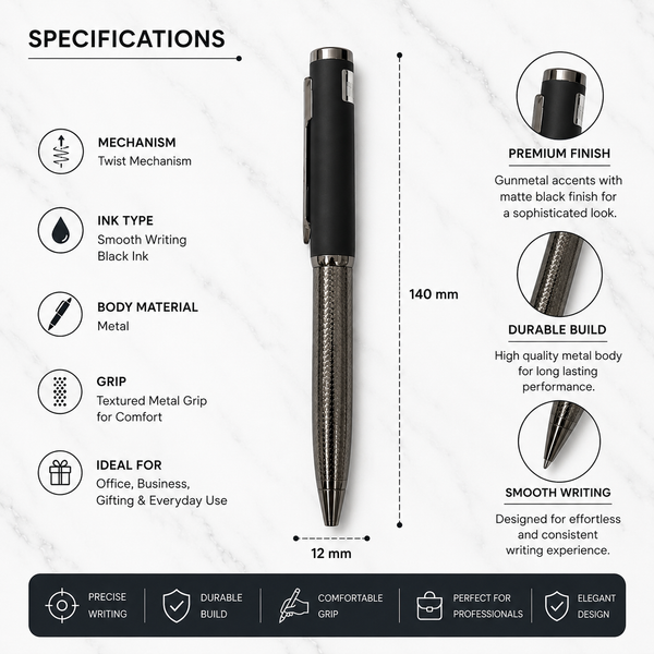 Ballpen Bazaar Metallic Glossy Designer Silver and Black Dual Colour Body Ball Pen with Silver Clip | Twist Mechanism | Black Ink | Free 1 Refill | 1 Pc
