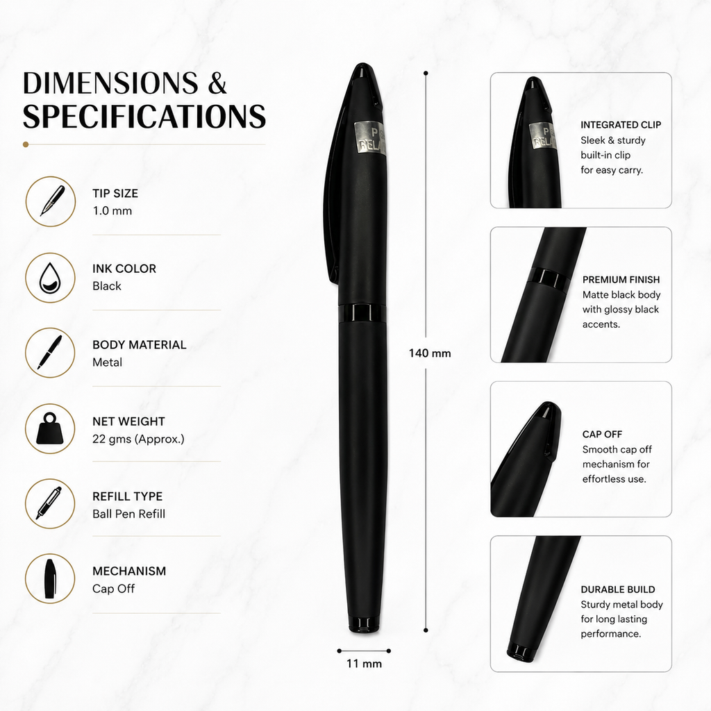 Ballpen Bazaar Matt Black Metal Ball Pen with Matt Black Cap | Openable Cap Mechanism | Blue Ink | 1 Free Refill | Executive Writing Pen | 1 Pc