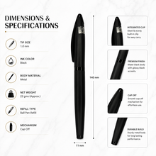 Ballpen Bazaar Matt Black Metal Ball Pen with Matt Black Cap | Openable Cap Mechanism | Blue Ink | 1 Free Refill | Executive Writing Pen | 1 Pc