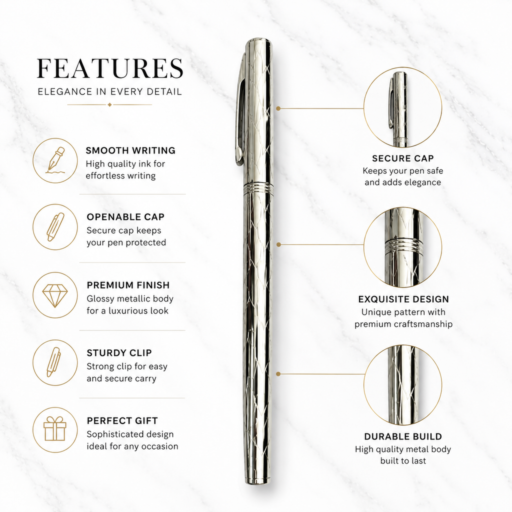 Ballpen Bazaar Metallic Glossy Designer Silver Ball Pen with Silver Cap | Openable Mechanism | Blue Ink | 1 Pc Metal Writing Pen