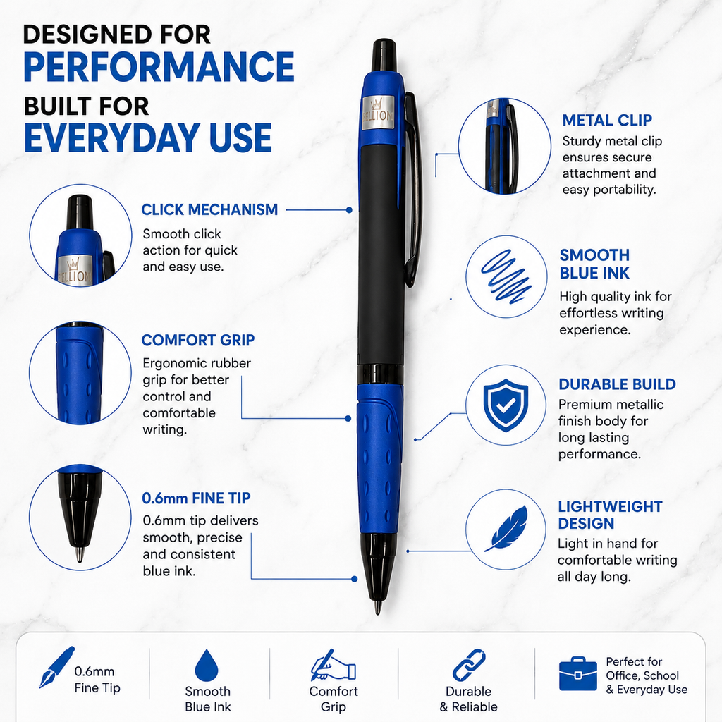 Ballpen Bazaar Set of 3 Metal Ball Pens Matte Black Body with Blue, Gray & Red Design | Click Mechanism | Blue Ink | Premium Office & Executive Writing Pens | Includes 3 Refills