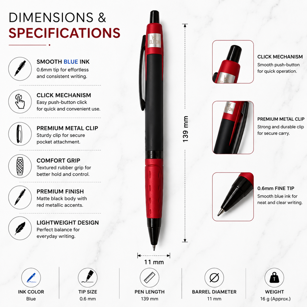 Ballpen Bazaar Set of 3 Metal Ball Pens Matte Black Body with Blue, Gray & Red Design | Click Mechanism | Blue Ink | Premium Office & Executive Writing Pens | Includes 3 Refills