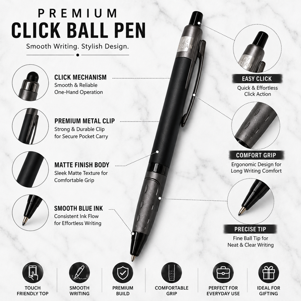 Ballpen Bazaar Set of 3 Metal Ball Pens Matte Black Body with Blue, Gray & Red Design | Click Mechanism | Blue Ink | Premium Office & Executive Writing Pens | Includes 3 Refills