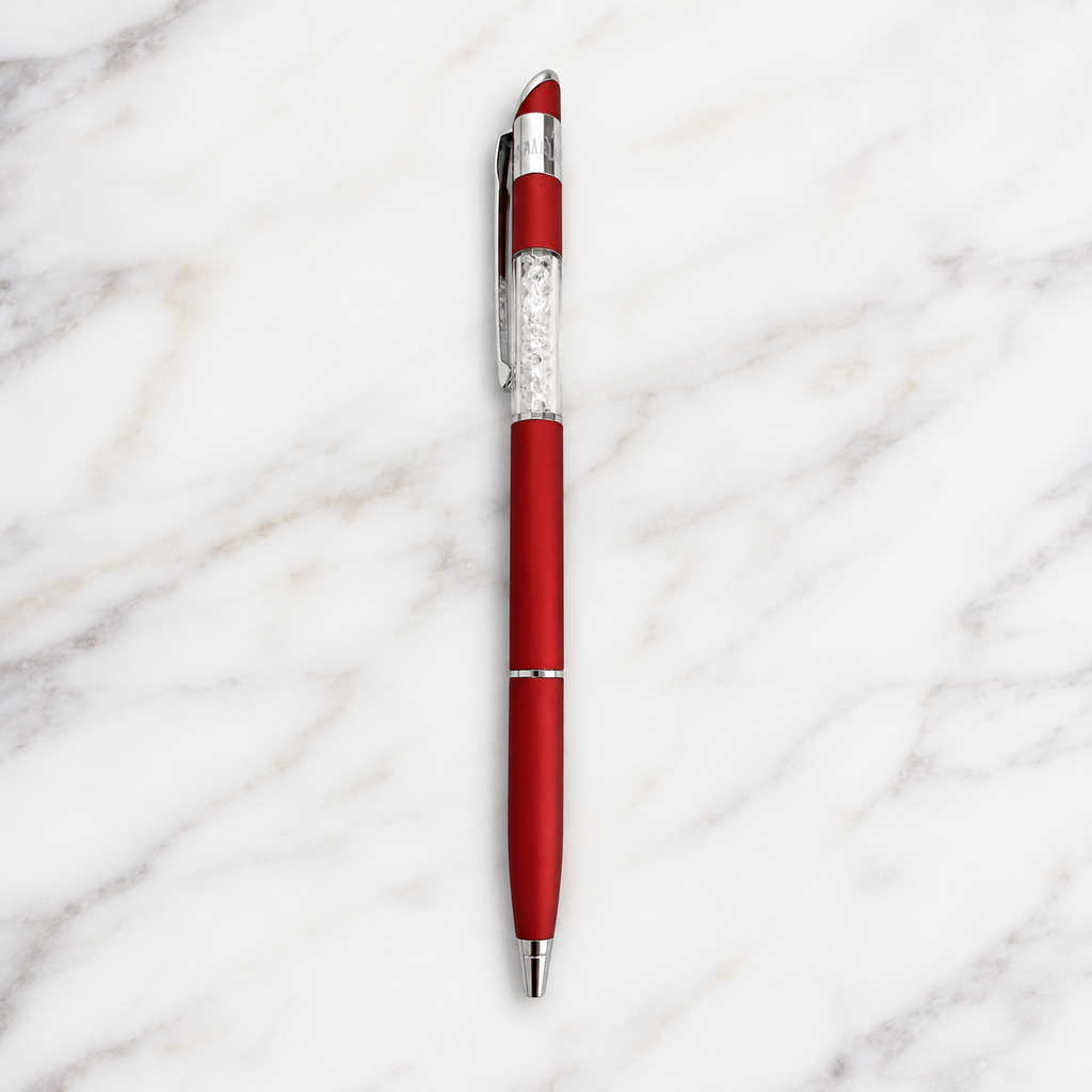 Ballpen Bazaar Matt Red Ball Pen with White Diamond Design & Silver Clip | Twist Mechanism Blue Ink Pen