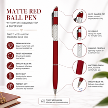 Ballpen Bazaar Matt Red Ball Pen with White Diamond Design & Silver Clip | Twist Mechanism Blue Ink Pen